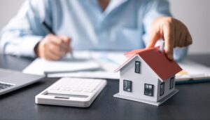 Property manager calculating rental income and expenses while reviewing paperwork next to a small model house