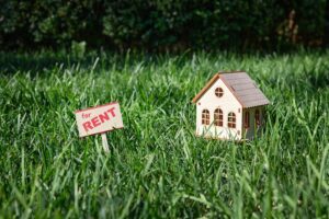 toy wooden house in a meadow with green grass against a forest background