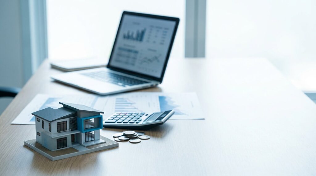 Real estate investment analysis desk with a model house, performance charts and a calculator