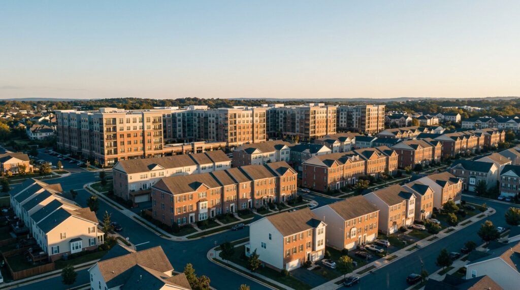 Northern Virginia suburban landscape with apartment buildings and townhomes at golden hour