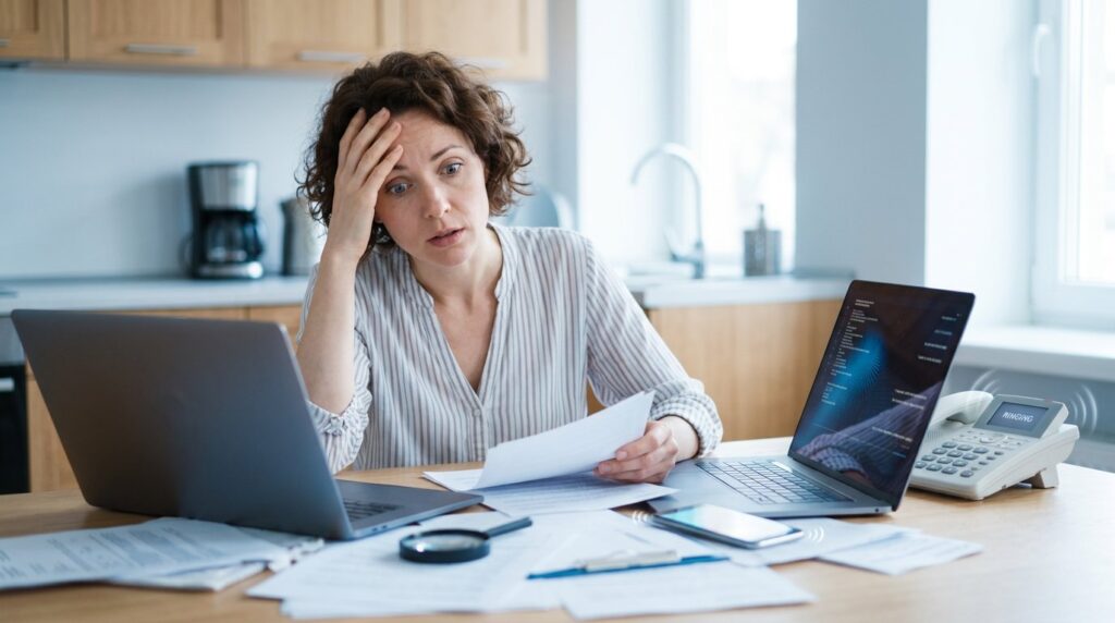 Desk with rental paperwork, house keys, calculator and phone showing the workload of self-managing a rental