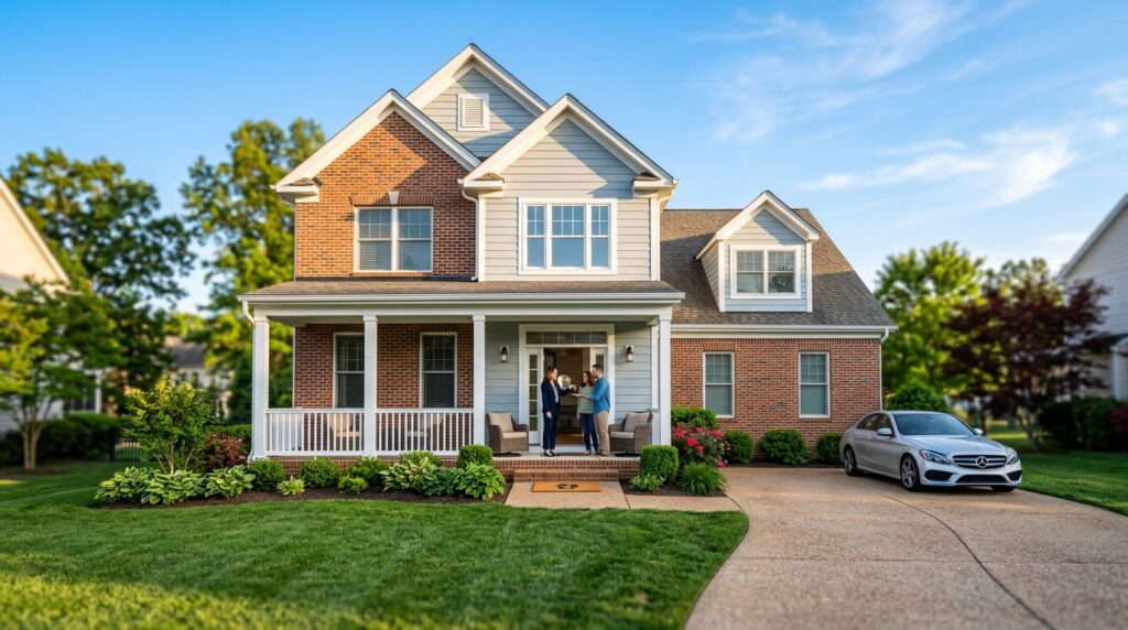 Attractive suburban Northern Virginia single-family rental home exterior at golden hour